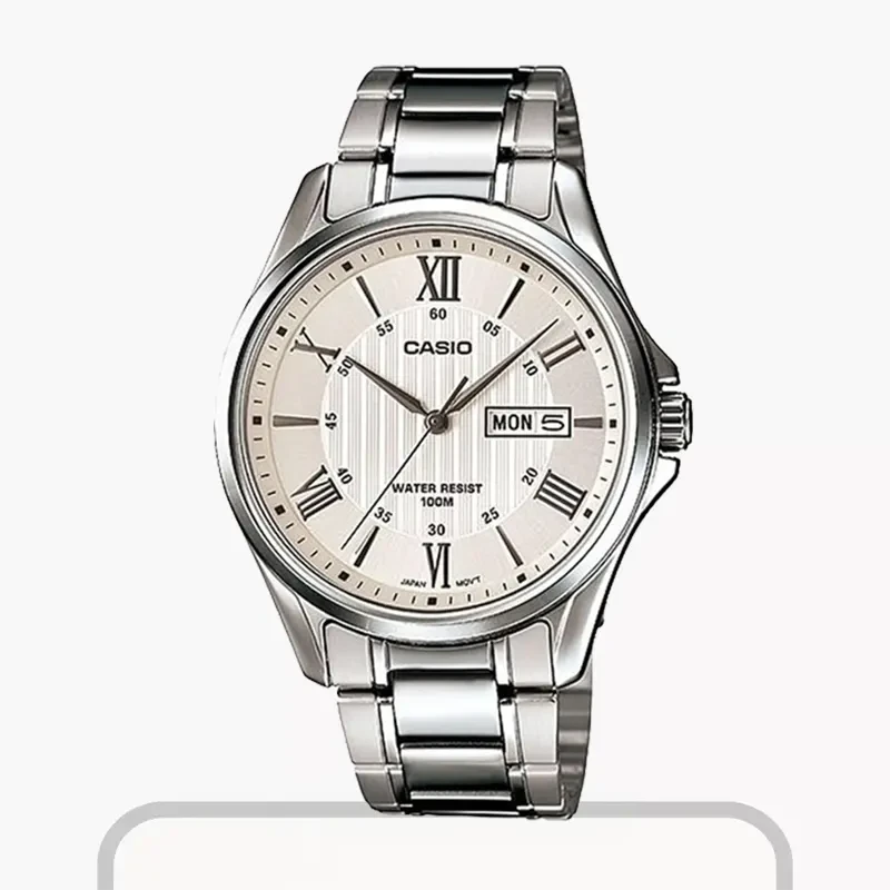 Casio Japan Quartz Date Day White Dial Men's Watch- MTP-1384D-7AV